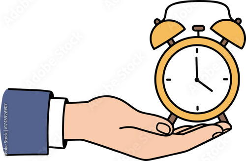 Hand holding a traditional alarm clock with a yellow rim and black face, designed in a hand-drawn style, transparent background  