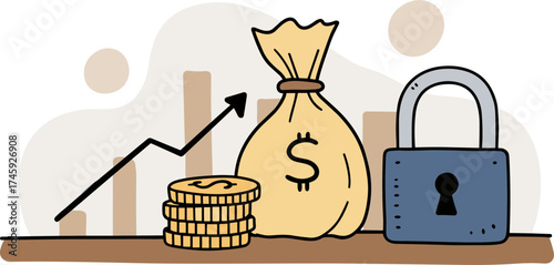 Money bag, coins, locked padlock, and growth chart in hand-drawn style, transparent background  