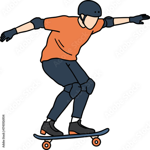 Skateboarder performing a trick while wearing protective gear in hand-drawn style, transparent background  
