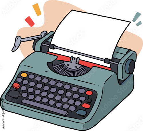 Vintage typewriter in hand-drawn style with blank paper and colorful background  