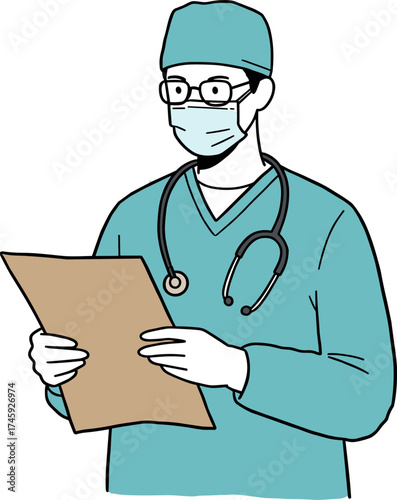 Male doctor in scrubs reading a patient chart in hand-drawn style, transparent background  