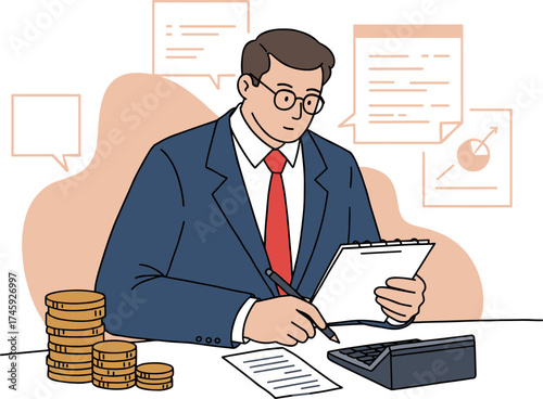 Businessman analyzing documents with calculator and money in hand-drawn style, transparent background  