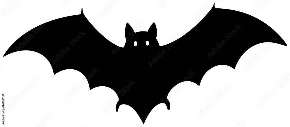 Fototapeta premium Black bat silhouette with outstretched wings in hand-drawn style, transparent background 