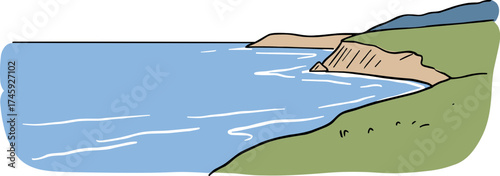 Scenic illustration of a coastline with blue water and green landscape in hand-drawn style, transparent background  
