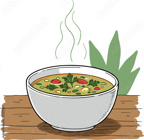 Hand-drawn bowl of soup with vegetables and herbs on wooden table  