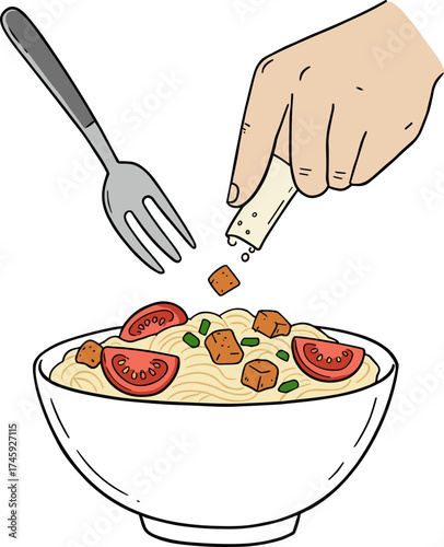 Hand adding cheese on spaghetti with tomatoes and croutons in bowl  