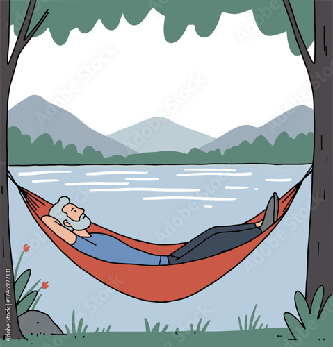 Elderly man relaxing in a hammock by the lake surrounded by nature  