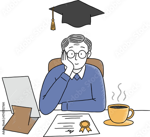 Male student thinking while sitting at desk with graduation cap and coffee  