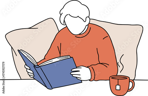 Person reading a book while sitting on couch with cup of tea in hand, concept of hand-drawn style, transparent background  