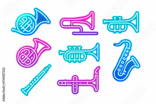 Futuristic neon music icons set with glowing brass and woodwind outlines