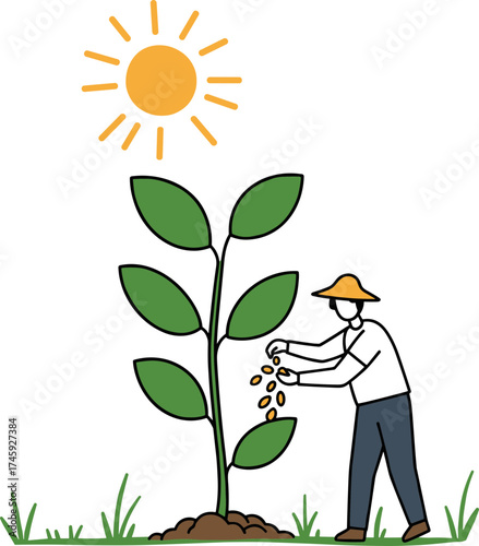 Farmer planting seeds into a green sprouting plant under a bright sun illustration  