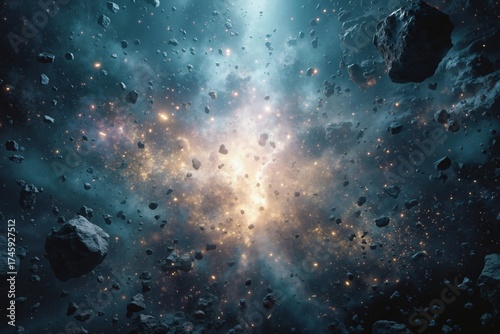 A large group of asteroids in the middle of a space filled with stars