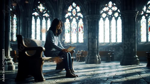 Lonely Woman Sitting on Wooden Bench in Vast Empty Church, Rendered in Soft Melancholic Animation Style with Gentle Light Filtering Through Stained Glass