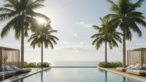 Serene Outdoor Setting with Swimming Pool Surrounded by Palm Trees and Lounge Chairs, Luxury Resort and Relaxation Concept Video