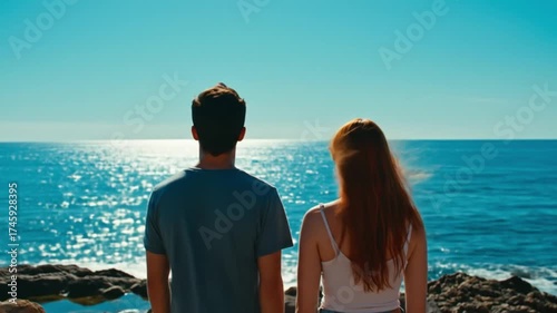 Couple on Beach Admiring the Beauty of the Sea, Romantic Sunset and Coastal Getaway Concept