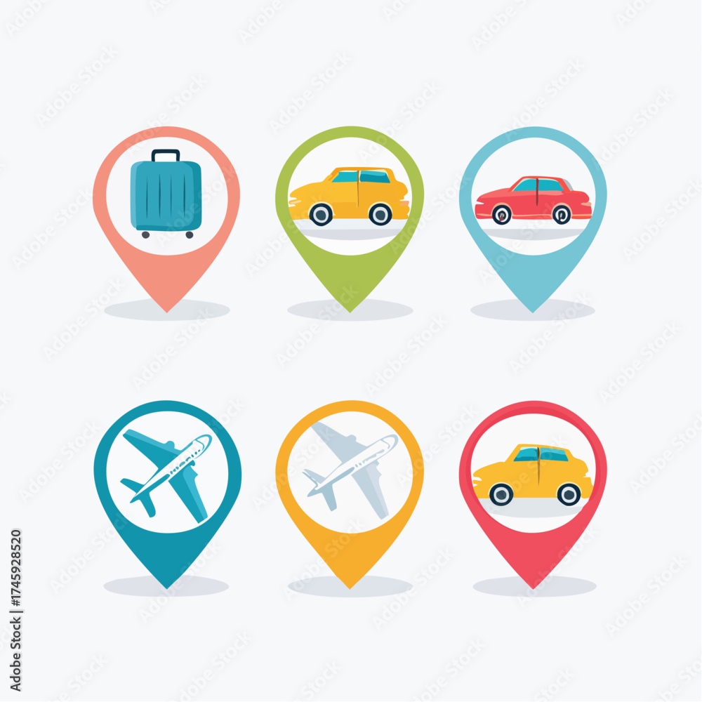 Fototapeta premium Plan your trip with location pin icons including airplane, car, and luggage, travel planning made easy, get ready for your next adventure