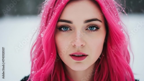 Video of Pink-Haired Woman in Soft Natural Light with Shallow Depth of Field on Snow Background