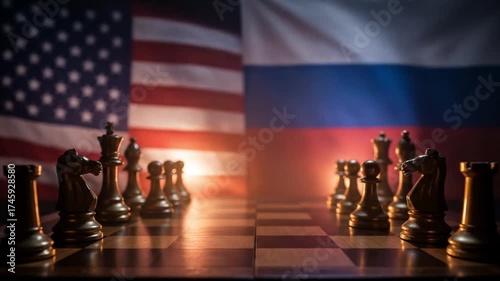 Chess Pieces on Board Against USA and Russia Flags, Depicting Geopolitical Strategy and International Relations Concept