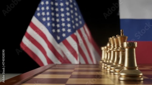 Chess Pieces on Board Against USA and Russia Flags, Depicting Geopolitical Strategy and International Relations Concept