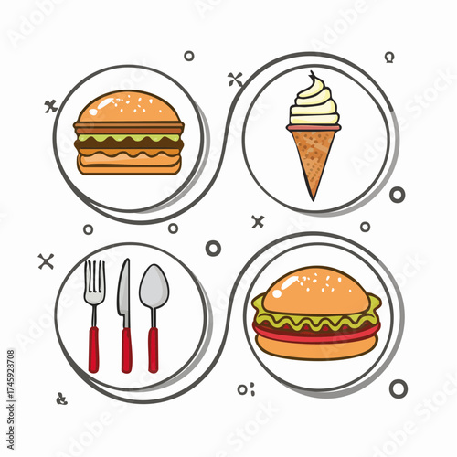 Appetizing fast food icons featuring burgers, ice cream, and utensils for restaurant menus, marketing, and food-related designs, originally a scalable graphic