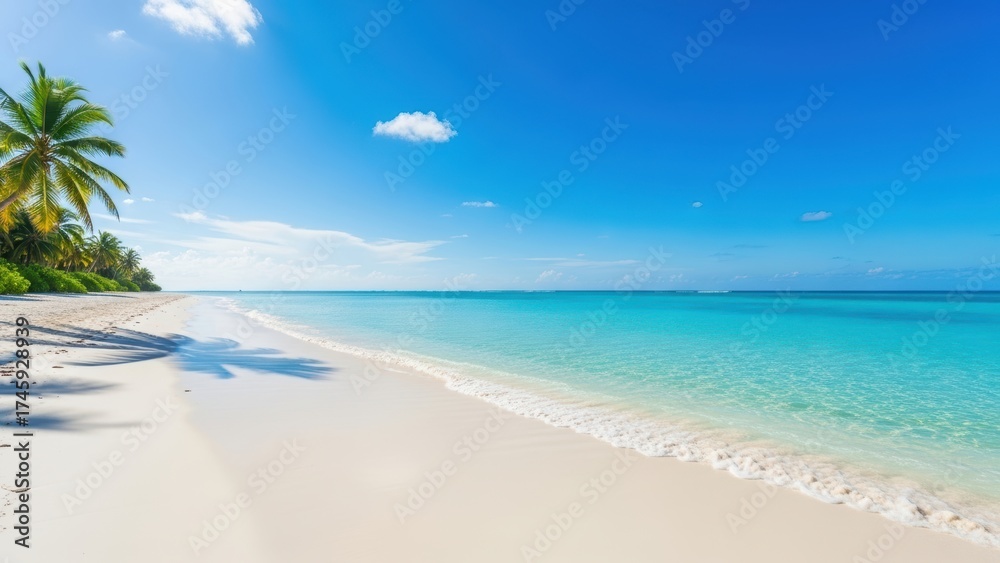 Fototapeta premium Serene tropical beach with white sand and clear blue ocean.
