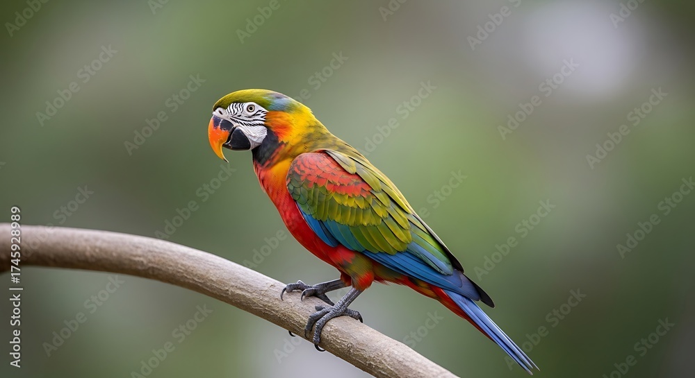 Fototapeta premium Colorful macaw perched on a branch with vibrant plumage against a blurred green background.