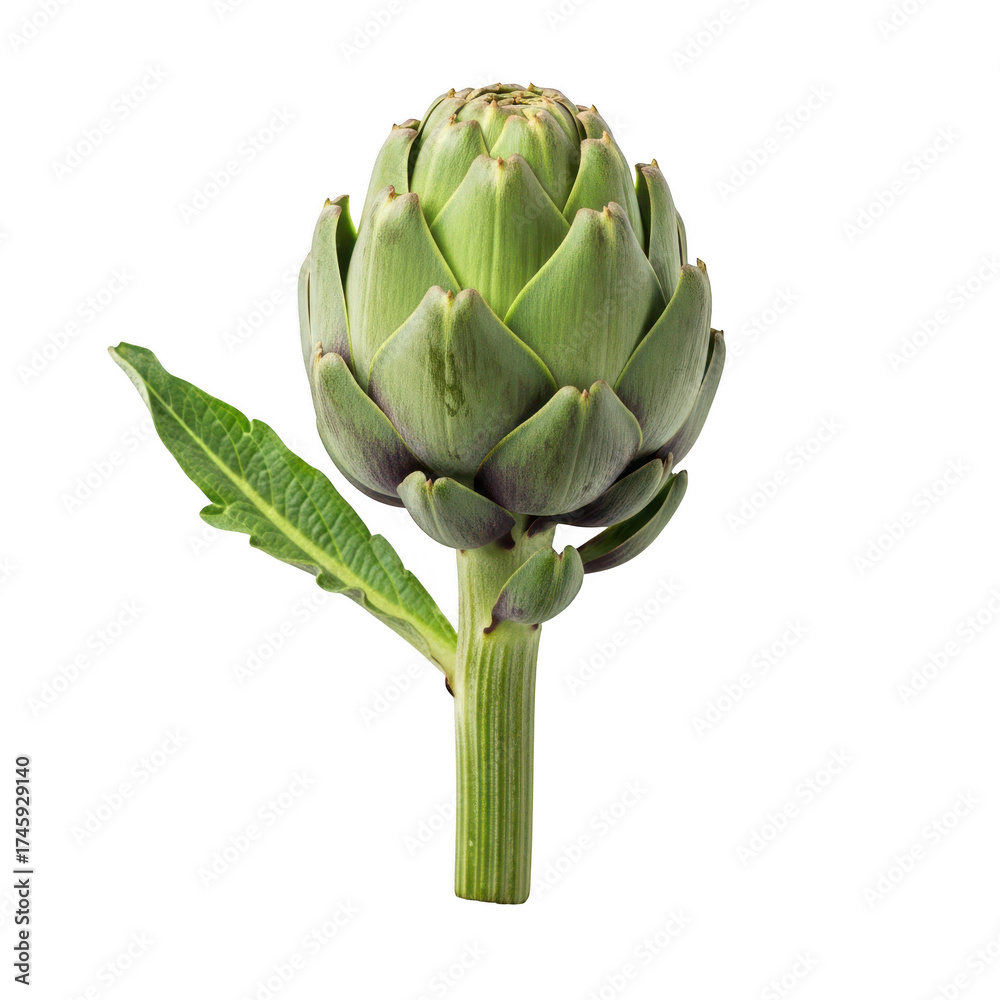 Fototapeta premium A fresh green artichoke with a stem and leaf, isolated on transparent background