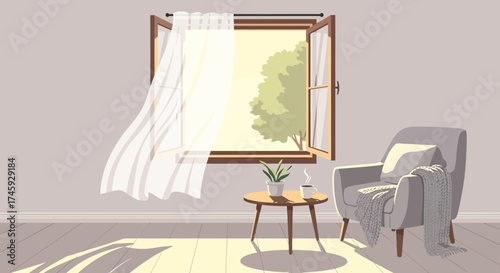 Illustration of a room with an open window and an armchair.