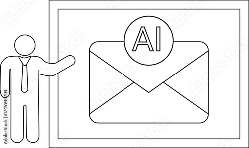Stick figure presents AI email framed on a wall Minimalist style