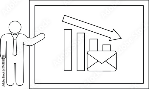 Stick figure presents graph showing a downward trend ending at a letter icon on a framed board