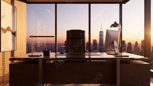 Executive Corner Office Overlooking the City Skyline During Golden Hour.