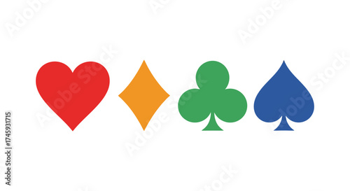 Playing card suits heart diamond club spade symbols for game designs casinos magic tricks and gambling promotions in colorful illustrations.