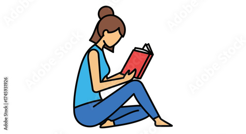 woman reading book sitting cross-legged lost in a novel enjoying leisure time perfect for illustrating education and the joy of reading.