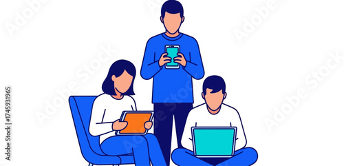 people using technology woman with tablet man with laptop person with phone showing collaboration communication and digital lifestyle.