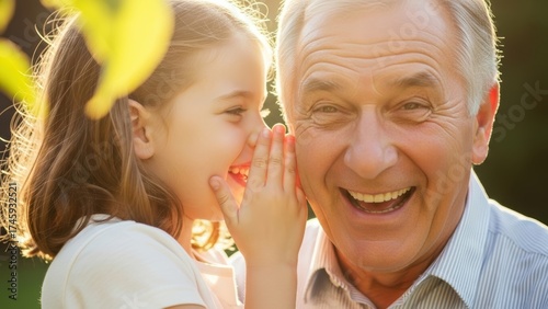 A happy grandfather listening as his young granddaughter whispers in his ear.