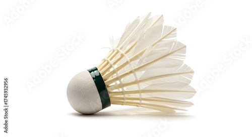 Professional Studio Shot of a White Feather Badminton Shuttlecock with Green Band, Isolated on a Clean White Background for Sports and Recreation