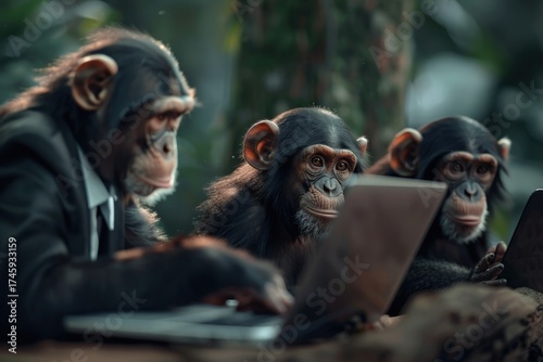 Three comically anthropomorphized monkeys dressed in suits engage with laptops in a lush forest, blending humor with a commentary on modern work life in a unique and playful environmental context.
