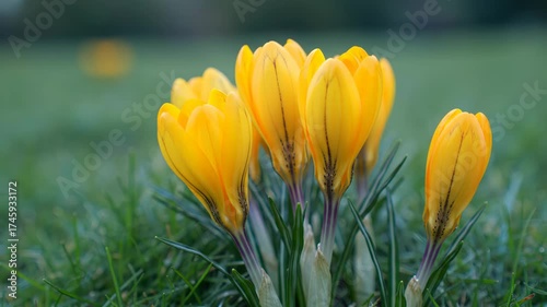 Yellow crocuses blooming in a field with soft green background, symbolizing spring. For nature articles