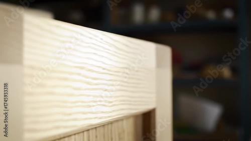 Wooden bed frame detail in workshop with construction visible, for interior design