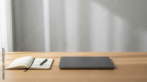 A minimalist desk with a closed laptop and an open notebook.
