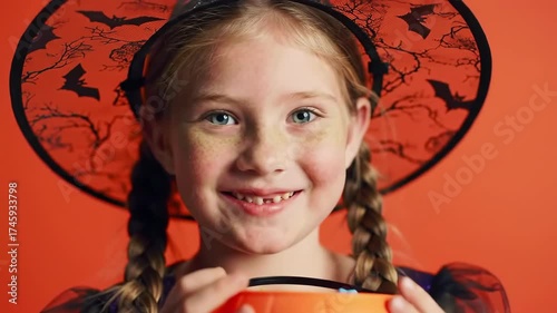 Young girl smiling in Halloween hat holds candy basket, orange background. Use greeting, advertising
