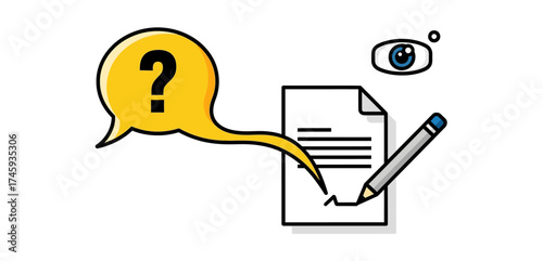 Question about contract signing review document carefully before signing with question mark eye observing concept of legal scrutiny.