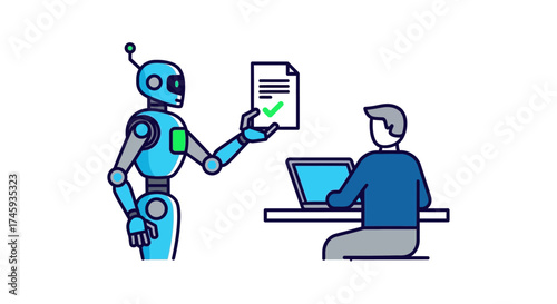 Robot presenting approved document to worker at desk using computer symbolizing automated process AI efficiency and streamlined workflow for business solutions.