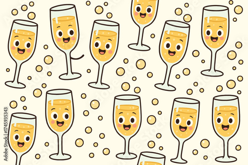 Joyful champagne flutes with happy faces celebrating with bubbles and sparkle