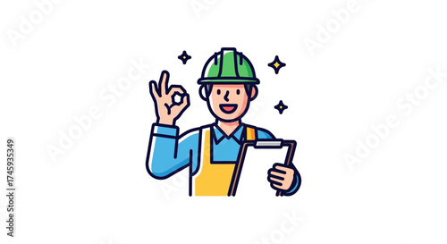 Satisfied construction worker with hard hat gives okay sign holding a clipboard perfect for renovation illustrating quality assurance.