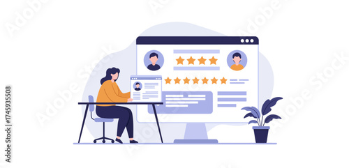 Person reviewing online ratings on a computer sitting at a desk with a plant showcasing customer feedback and satisfaction perfect for tech blogs.