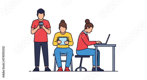 people working on tech person using smartphone tablet user on chair woman at desk on laptop showcasing remote work and tech dependence
