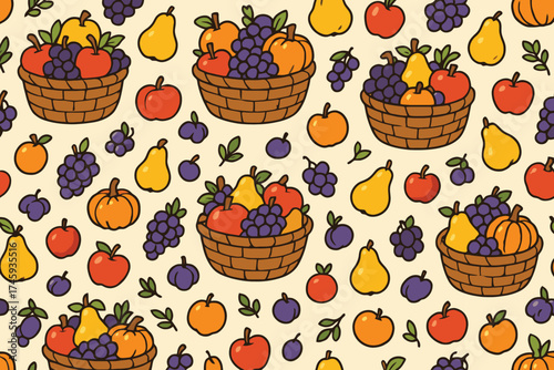 Whimsical hand drawn autumn harvest fruit basket pattern with apples pears grapes and pumpkins