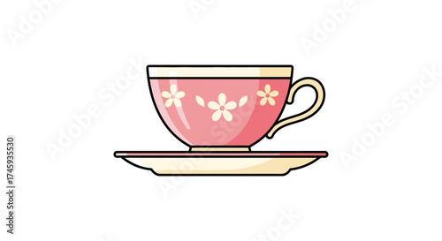 pink teacup with flower designs on a saucer perfect for a cafe menu or illustrating an afternoon tea party invitation simple and elegant