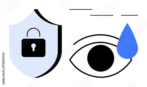 Shield with lock beside eye and blue water droplet, symbolizing security, privacy, surveillance, confidentiality, data protection, awareness, and trust. Ideal for simple flat metaphor